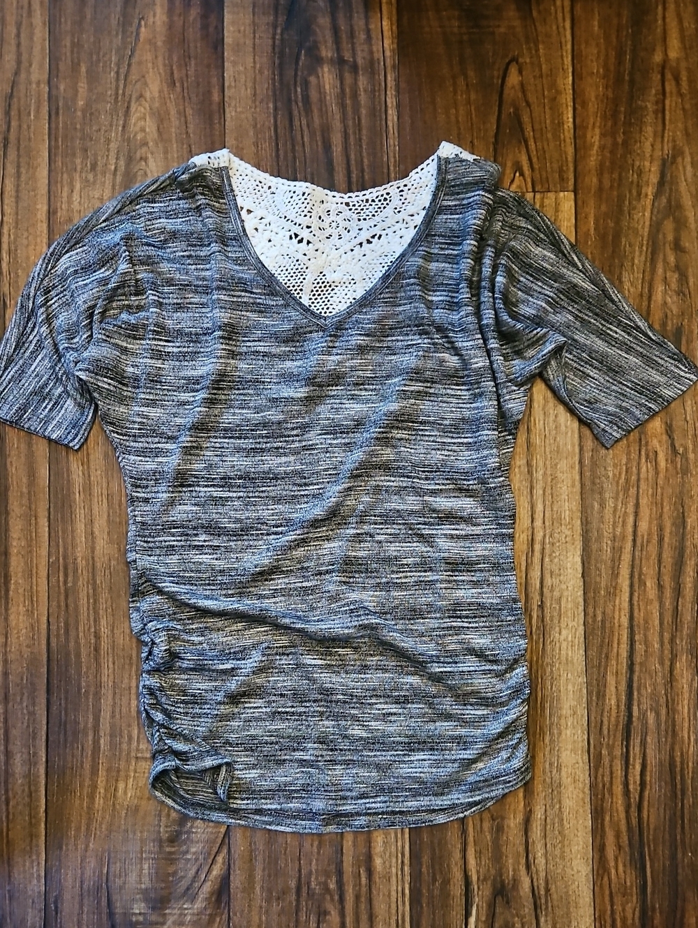 No Boundaries Gray Short-Sleeve V-Neck Top with White Crochet Back